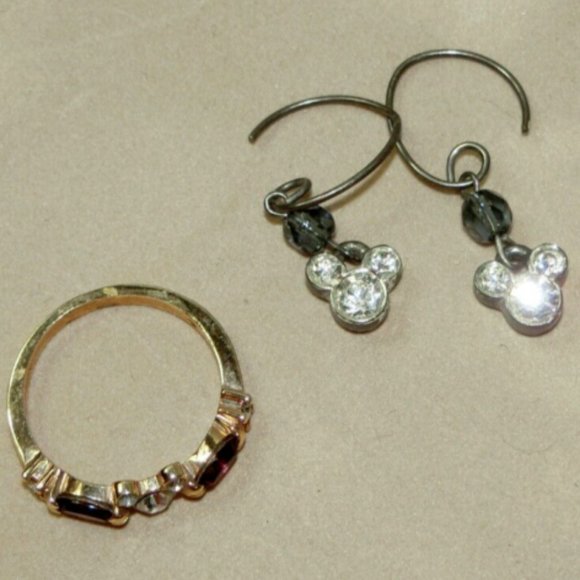 Disney Parks Vintage Mickey Mouse Swarovski Purple Gold Tone Ring Earring Size 6 - Picture 6 of 8